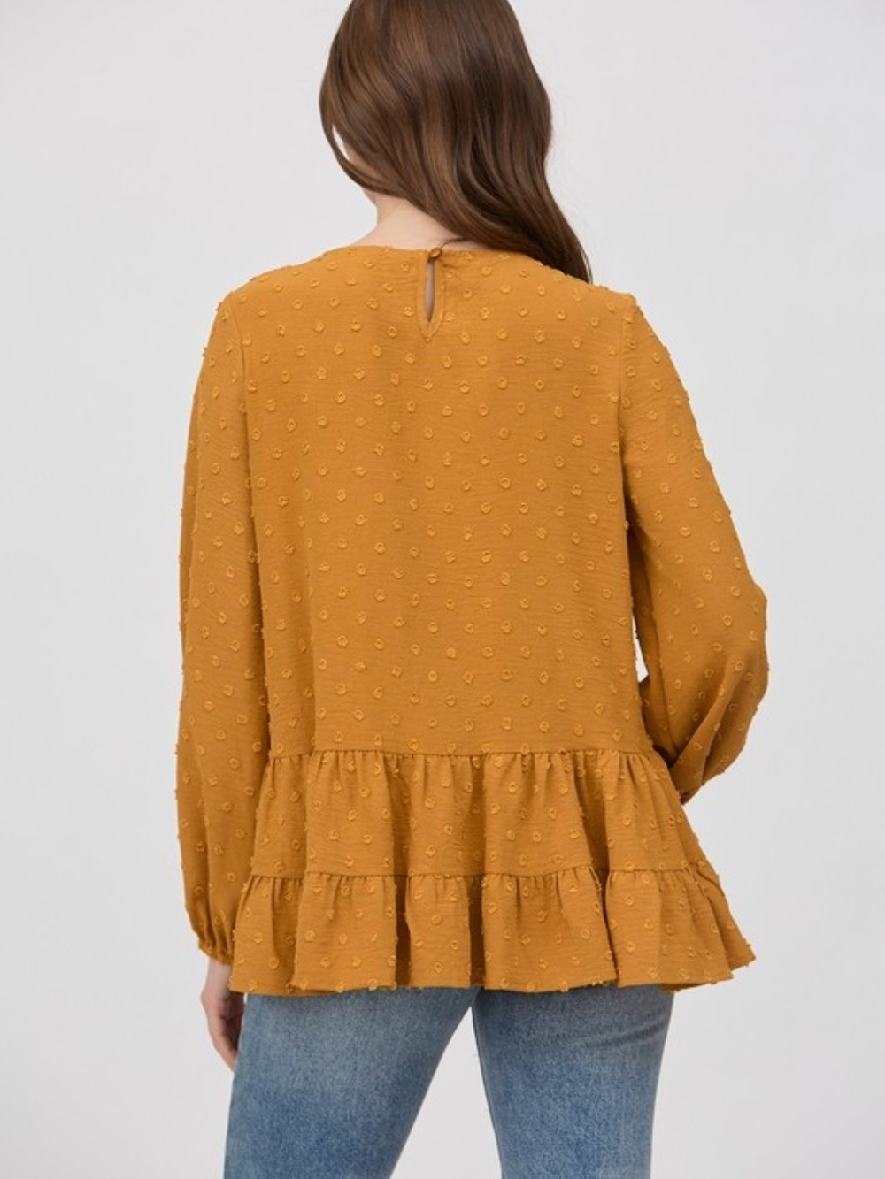 Tea N Rose Dark Mustard Textured Swiss Dot Tiered Long-Sleeve Top - Picture 4 of 5